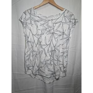Cynthia Rowley Womens 100% Linen Tee Shirt Sz L Leaves White Basic Coastal Beach